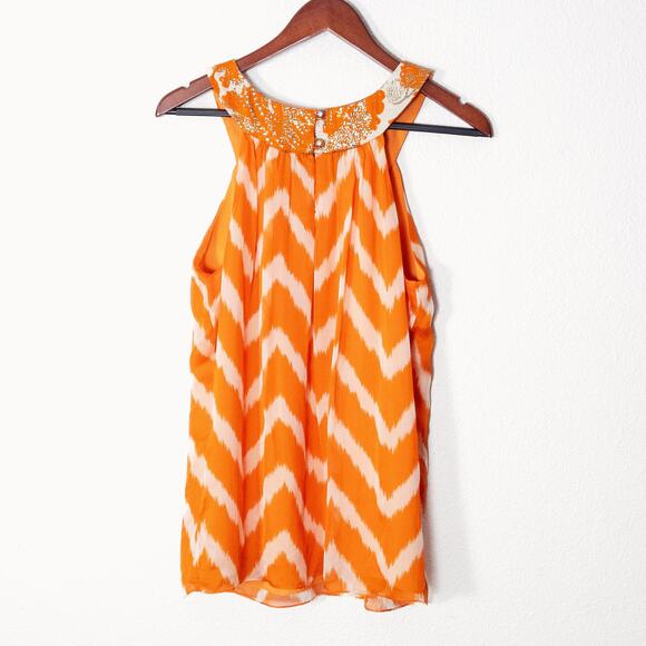 Milly Women’s Top Orange Chevron Sheer Beaded Neckline Lined Sleeveless Size 4 - Picture 2 of 10